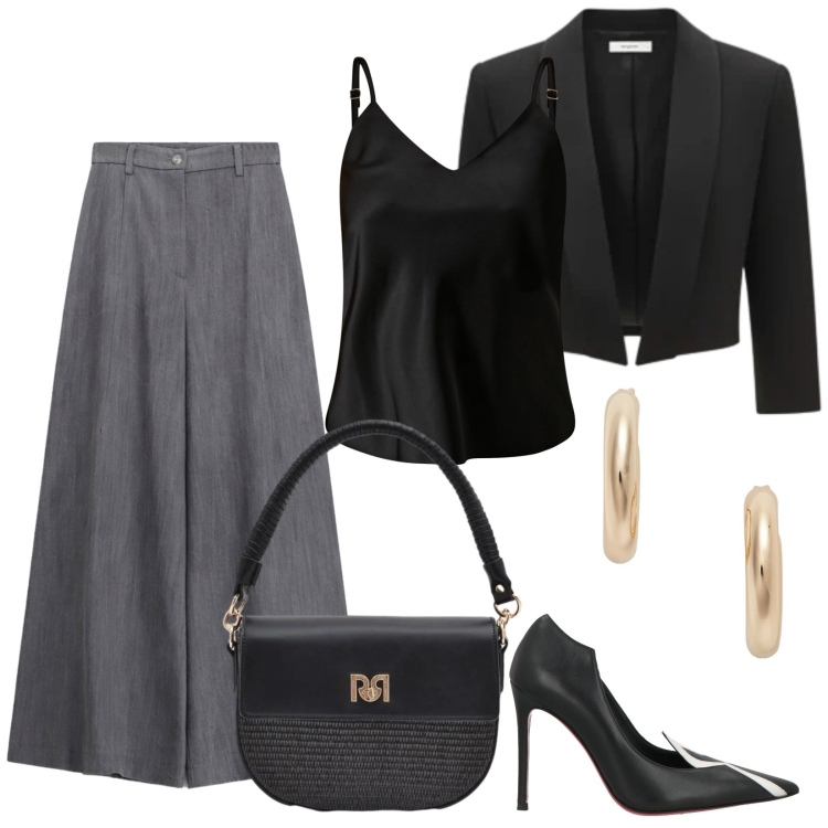 Outfit donna - Mannish Elegante. Stile Mannish per Serata fuori. Abbinamento con décolleté, top, borse a spalla, bolero, pantaloni a palazzo, orecchini.