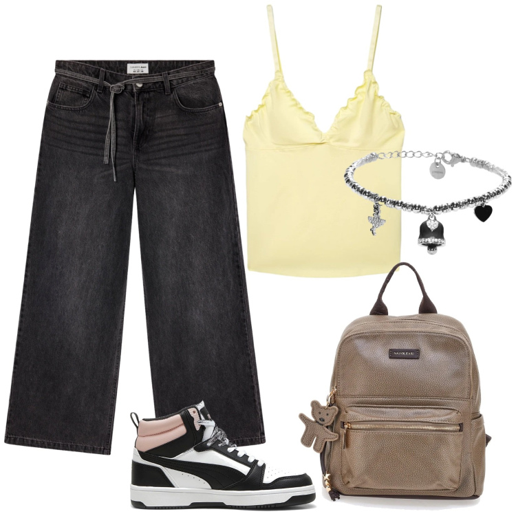 Outfit donna - Top Giallo. Stile Trendy per Tutti i giorni. Abbinamento con jeans, canottiere, braccialetti, sneakers alte, zaini.