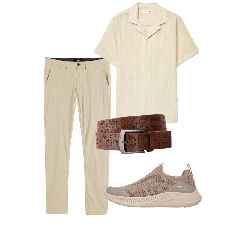 Outfit uomo - Giugno light. Stile Casual per Tutti i giorni. Abbinamento con cinture, pantaloni chino, camicie a manica corta, sneakers.