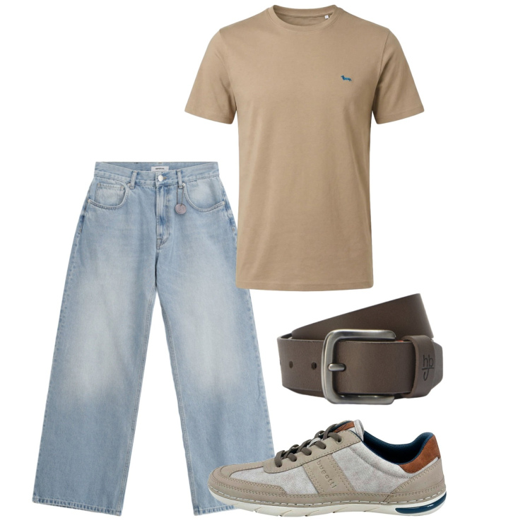 Outfit uomo - Tshirt nocciola. Stile Casual per Tutti i giorni. Abbinamento con jeans, t-shirt, cinture, sneakers.