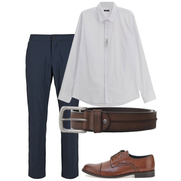 Outfit uomo - Giugno elegant touch. Stile Casual per Tutti i giorni. Abbinamento con camicie, cinture, pantaloni, scarpe stringate.