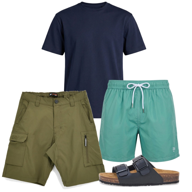 Outfit uomo - Colore. Stile Casual per Mare. Abbinamento con t-shirt, costumi, bermuda, sandali.