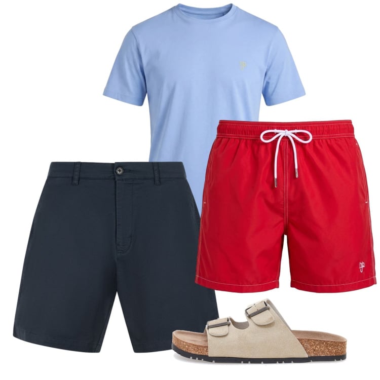 Outfit uomo - Mare. Stile Casual per Mare. Abbinamento con t-shirt, costumi, bermuda, sandali.