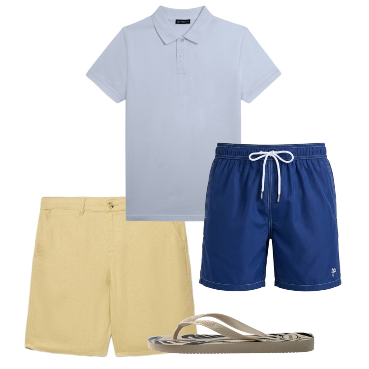 Outfit uomo - Giugno. Stile Casual per Mare. Abbinamento con shorts, costumi, polo, sandali.