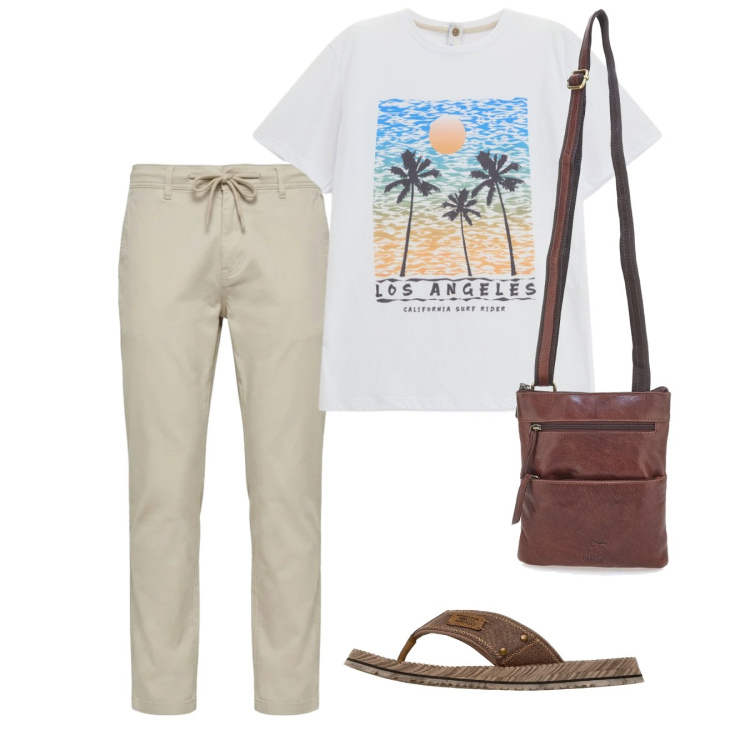 Outfit uomo - Weekend. Stile Casual per Tutti i giorni. Abbinamento con t-shirt, pantaloni, portafogli, sandali.