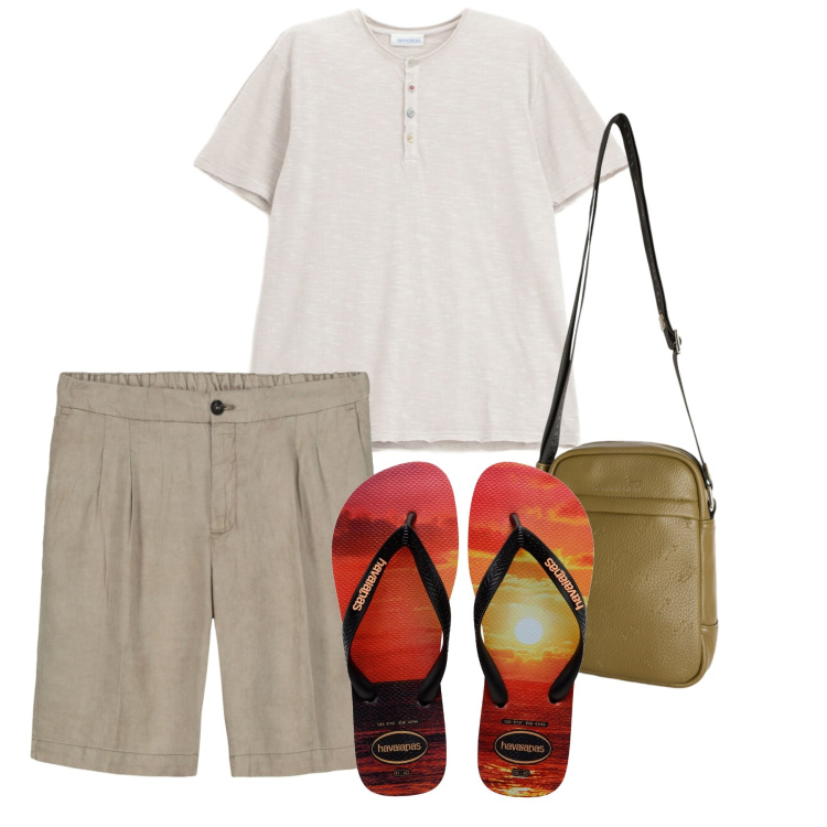 Outfit uomo - In spiaggia. Stile Casual per Tutti i giorni. Abbinamento con t-shirt, borse sportive, bermuda, sandali.