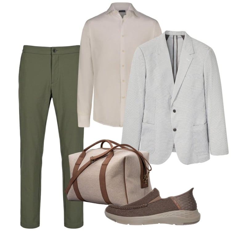 Outfit uomo - In viaggio. Stile Casual per Tutti i giorni. Abbinamento con giacche, camicie, borse sportive, pantaloni, sneakers.