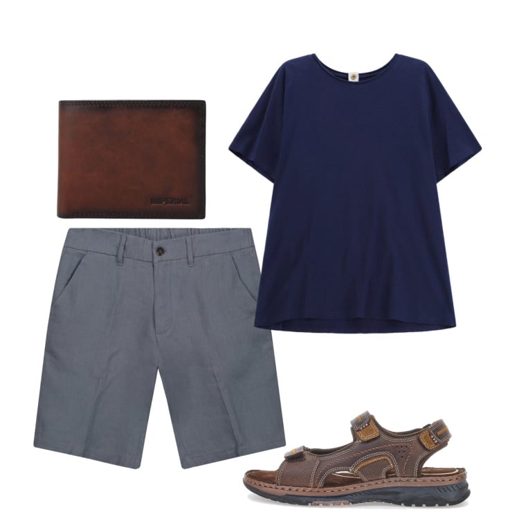 Outfit uomo - Giugno. Stile Casual per Tutti i giorni. Abbinamento con portafogli, t-shirt, bermuda, sandali.