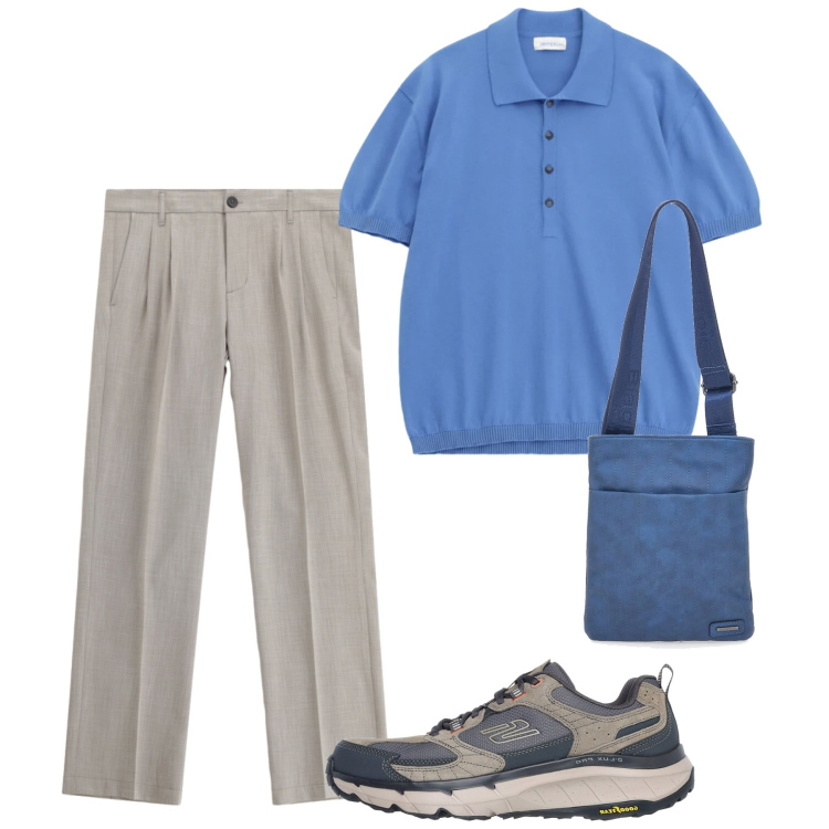 Outfit uomo - Tocco d\'azzurro. Stile Trendy per Tutti i giorni. Abbinamento con pantaloni, polo, portafogli, sneakers.