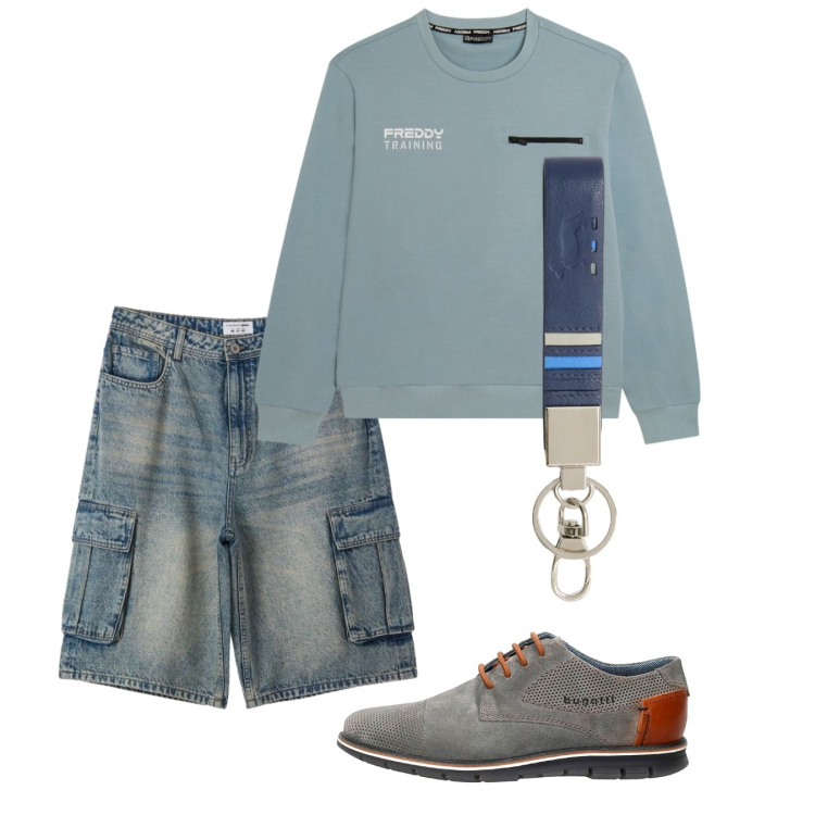 Outfit uomo - Delavè e felpa. Stile Urban per Tutti i giorni. Abbinamento con pantaloni corti, portachiavi, felpe, scarpe stringate.