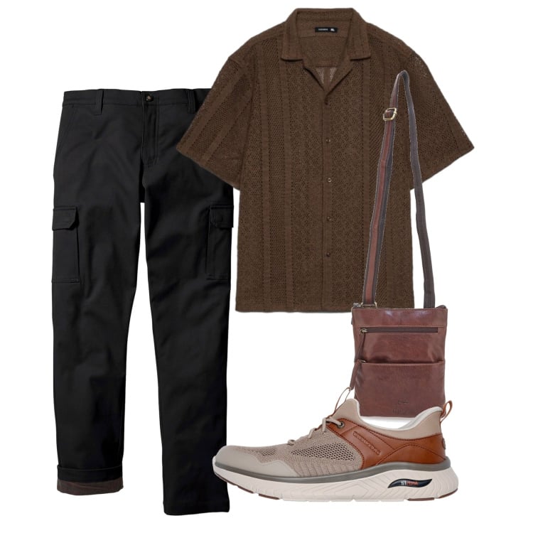 Outfit uomo - Nero e cacao. Stile Casual per Serata speciale. Abbinamento con pantaloni cargo, camicie a manica corta, portafogli, sneakers.