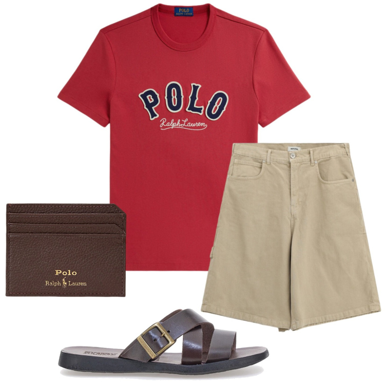 Outfit uomo - Total look #2414171. Stile Casual per Mare. Abbinamento con bermuda, portafogli, t-shirt, sandali.