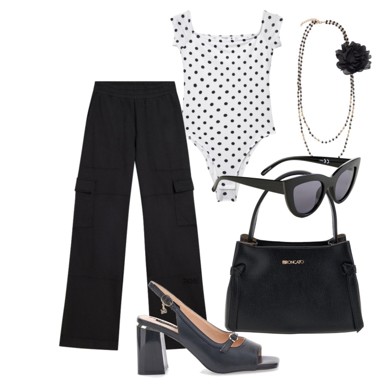 Outfit donna - Giugno. Stile Vintage retrò per Tutti i giorni. Abbinamento con occhiali da sole, top, pantaloni cargo, collane, sandali col tacco, borse a tracolla.