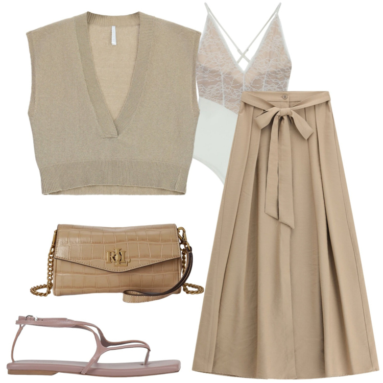 Outfit donna - Lino e leggerezza. Stile Casual chic per Tutti i giorni. Abbinamento con ciabatte, gonne lunghe, top, body, portafogli.