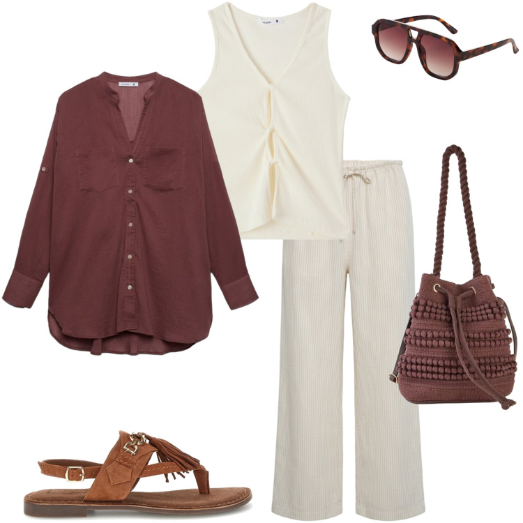 Outfit donna - Lino e leggerezza. Stile Casual per Ufficio. Abbinamento con occhiali da sole, borse a secchiello, camicie, canottiere, pantaloni, sandali.