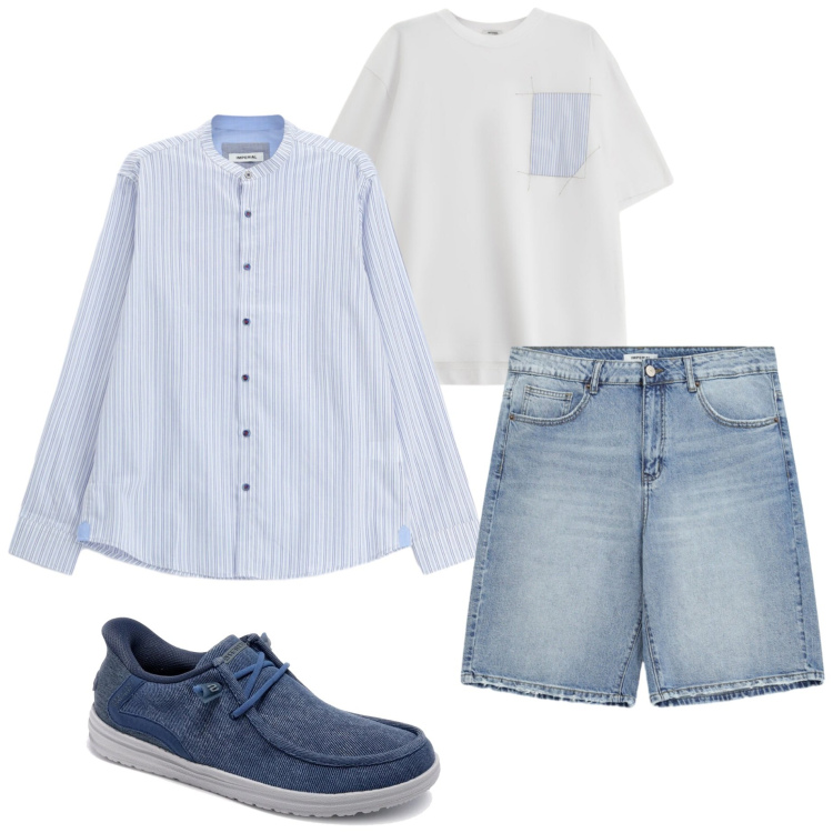 Outfit uomo - Layering leggero. Stile Casual per Tutti i giorni. Abbinamento con t-shirt, camicie, bermuda, scarpe stringate.