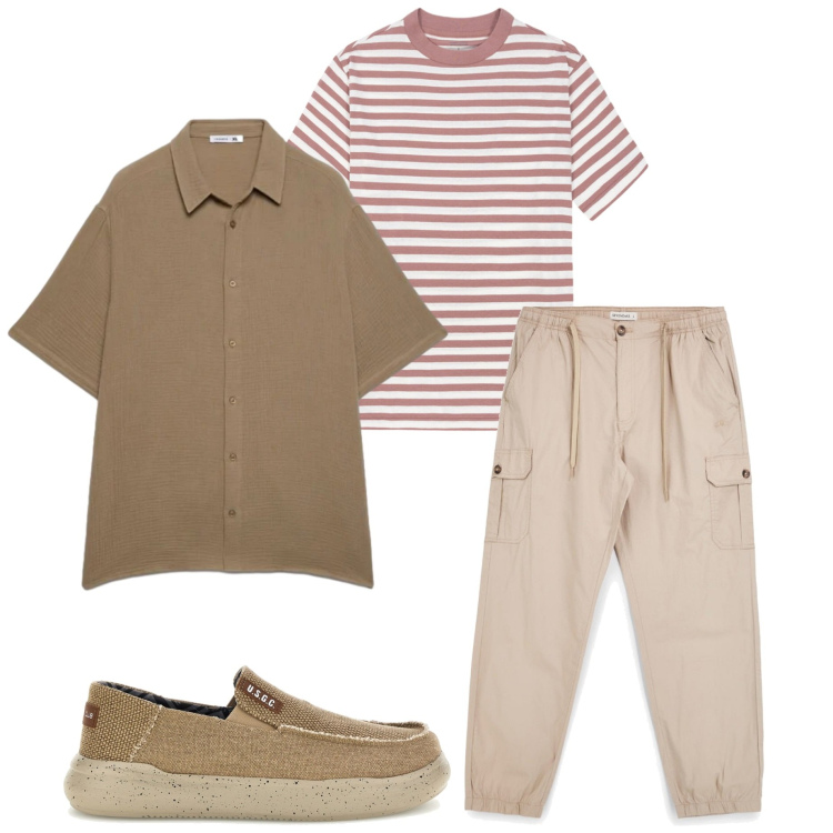 Outfit uomo - Layering leggero. Stile Casual per Tutti i giorni. Abbinamento con camicie a manica corta, t-shirt, pantaloni cargo, scarpe stringate.