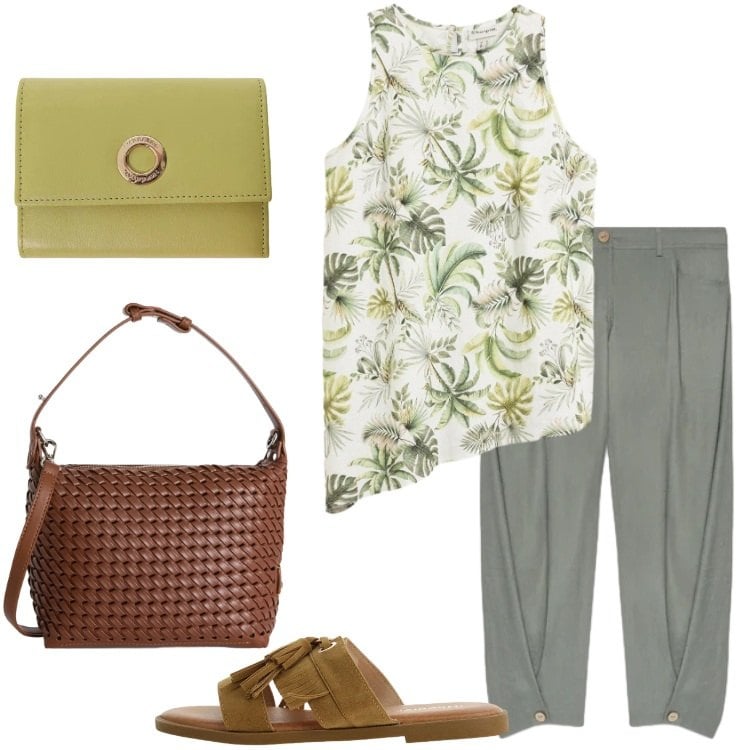 Outfit donna - Lino e leggerezza. Stile Etnico per Tutti i giorni. Abbinamento con canottiere, portafogli, sandali, borse a spalla, pantaloni.