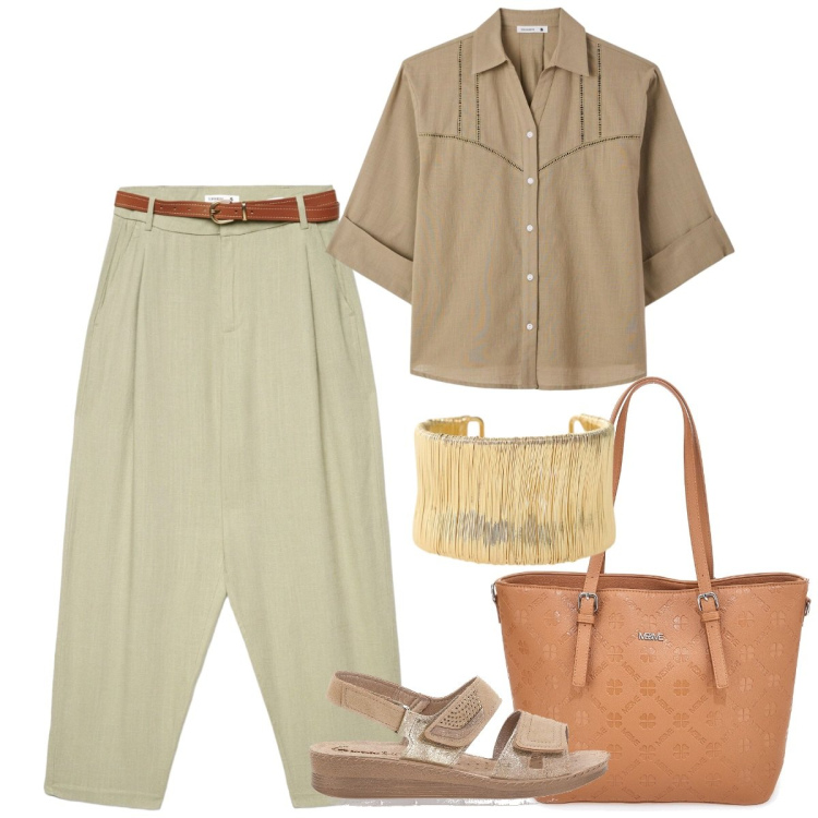 Outfit donna - Lino e leggerezza. Stile Casual chic per Tutti i giorni. Abbinamento con pantaloni chino, camicie a manica corta, braccialetti, borse a tracolla, sandali in pelle.