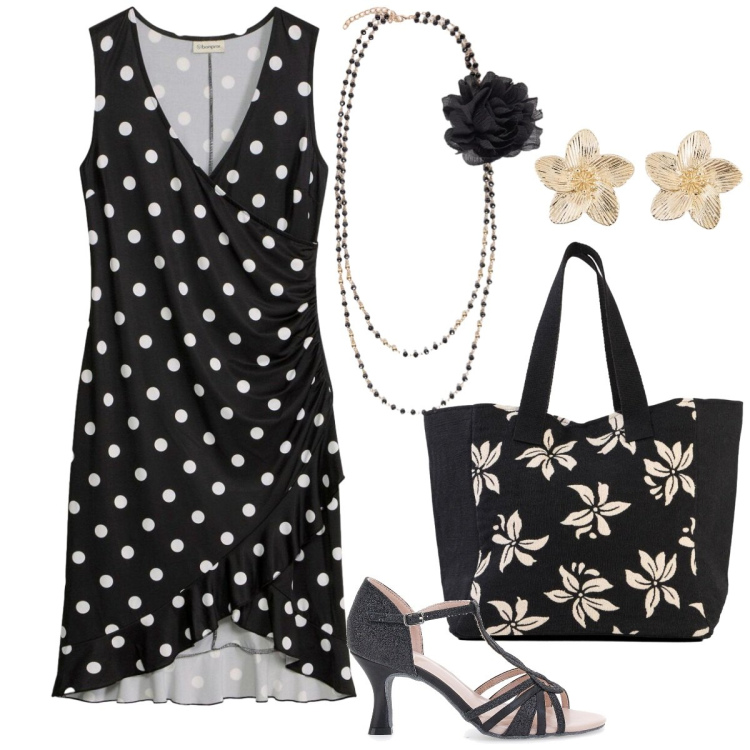 Outfit donna - Stile retrò. Stile Vintage retrò per Tutti i giorni. Abbinamento con vestiti, orecchini, shopping bag, collane, décolleté.