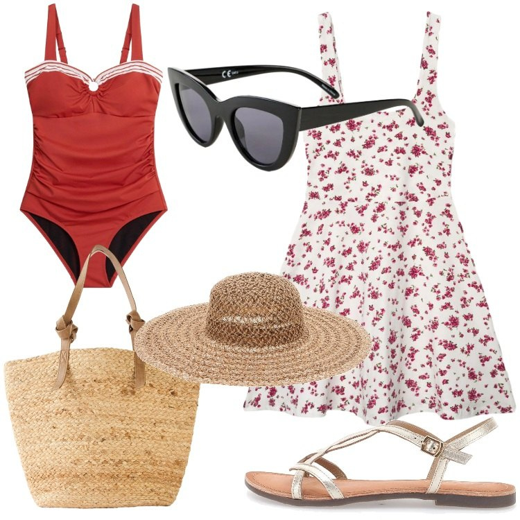 Outfit donna - Stile retro\' - @ovg17. Stile Vintage retrò per Mare. Abbinamento con costumi interi, shopping bag, occhiali da sole, vestiti corti, sandali, cappelli.