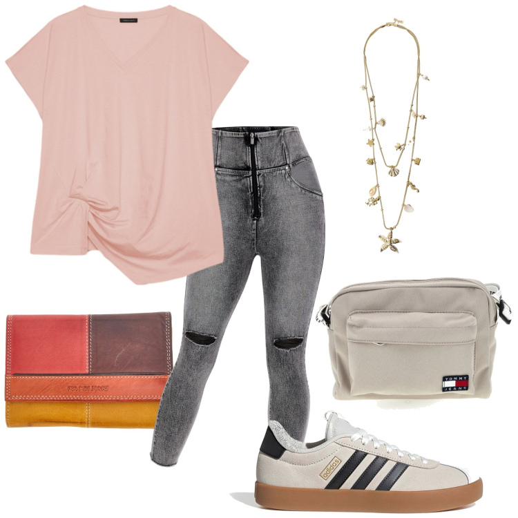 Outfit donna - Total look #2414197. Stile Casual per Tutti i giorni. Abbinamento con collane, jeans skinny, t-shirt, sneakers, borse a tracolla, portafogli.