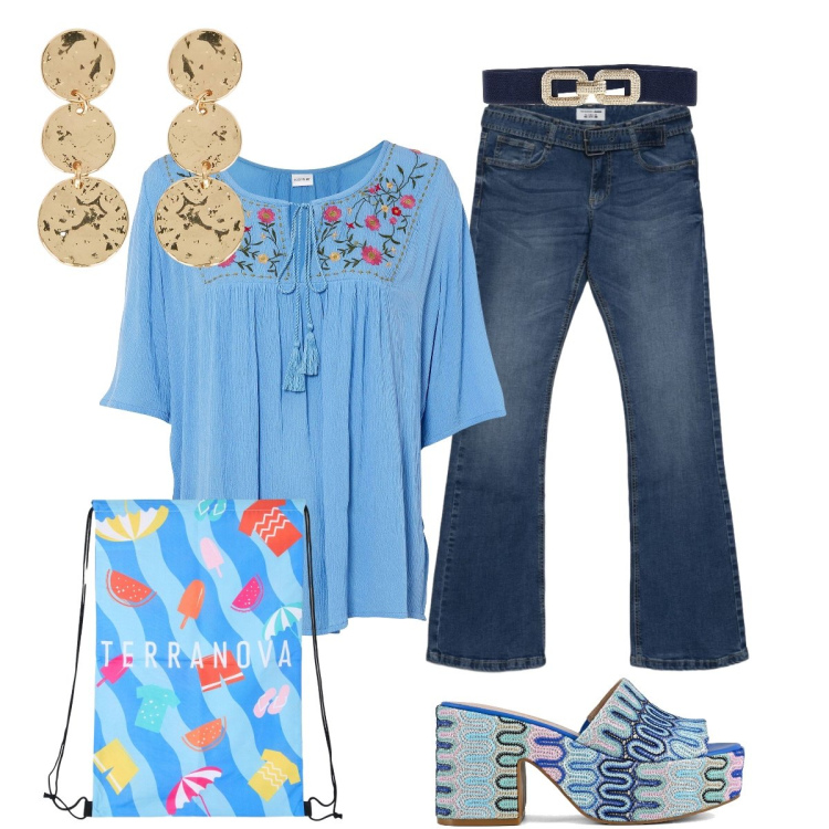 Outfit donna - Remember Anni ‘70. Stile Boho per Tutti i giorni. Abbinamento con tuniche, jeans a zampa, zaini, orecchini, sabot, cinture.