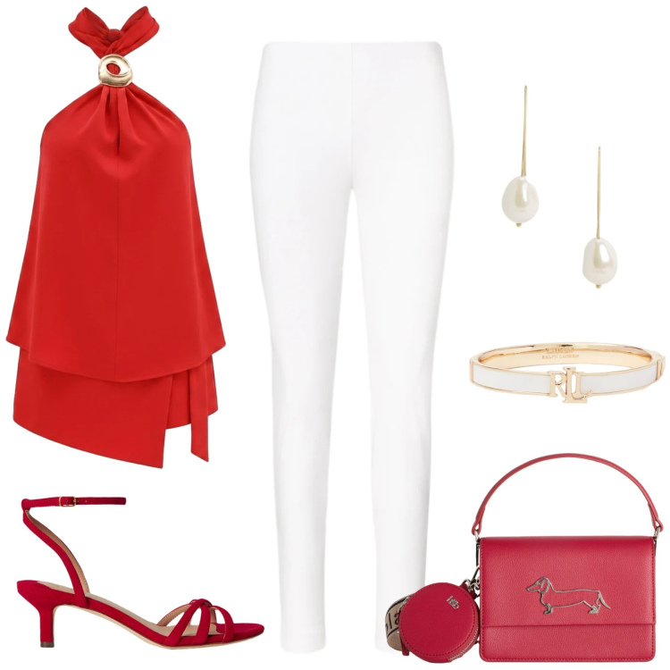 Outfit donna - Serata fuori. Stile Chic per Serata fuori. Abbinamento con top, borse a tracolla, pantaloni skinny, braccialetti, sandali col tacco, orecchini.