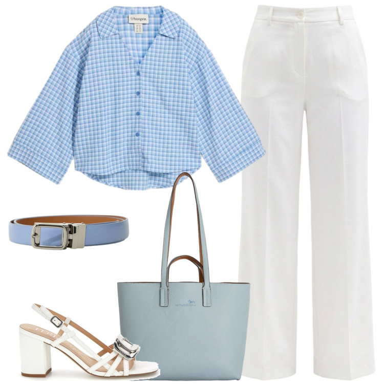Outfit donna - Lino fresco. Stile Casual chic per Ufficio. Abbinamento con camicie, pantaloni, cinture, shopping bag, sandali in pelle.