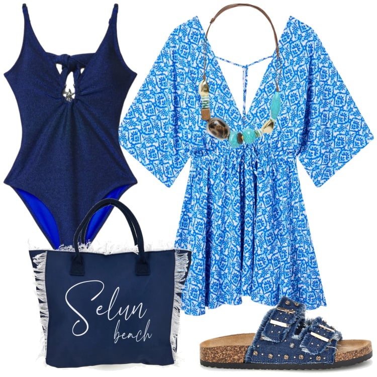 Outfit donna - Total look #2414204. Stile Minimal per Mare. Abbinamento con costumi interi, vestiti corti, collane, ciabatte, shopping bag.