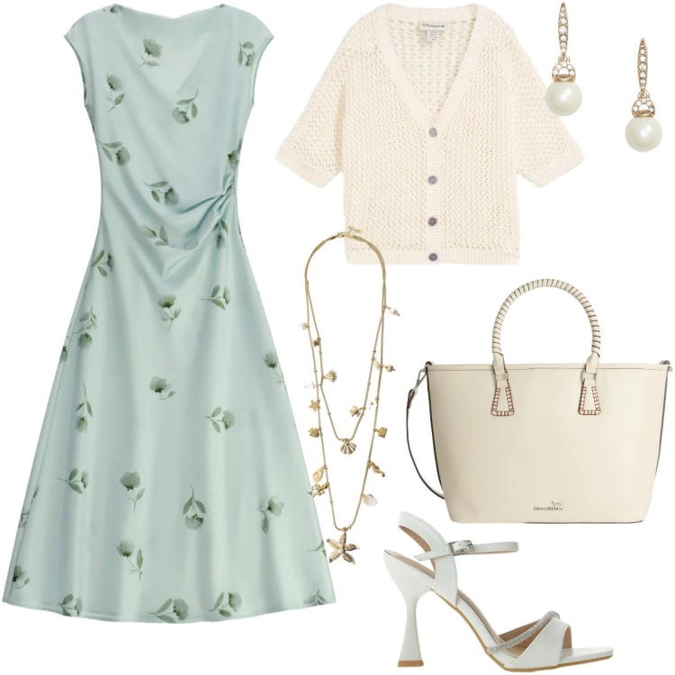 Outfit donna - Stile retrò. Stile Vintage retrò per Tutti i giorni. Abbinamento con cardigans, vestiti midi/longuette, sandali gioiello, collane, shopping bag, orecchini.