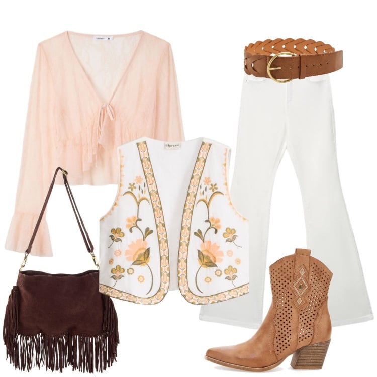Outfit donna - Boho vintage. Stile Boho per Serata fuori. Abbinamento con gilet, borse a tracolla, cinture, bluse, jeans a zampa, stivaletti texani.