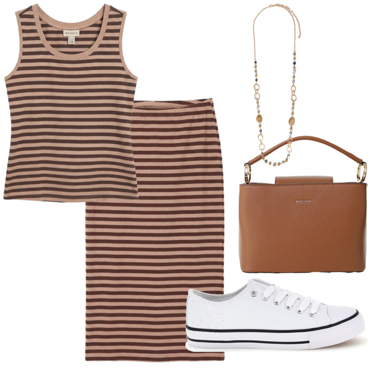 Outfit donna - Total look #2414210. Stile Basic per Tutti i giorni. Abbinamento con tute, borse a secchiello, collane, sneakers.