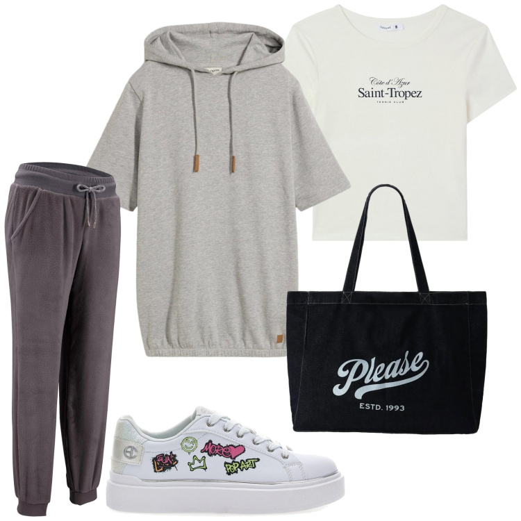 Outfit donna - Total look #2414212. Stile Sporty chic per Scuola/Università. Abbinamento con pantaloni sportivi, felpe con cappuccio, t-shirt, shopping bag, sneakers.