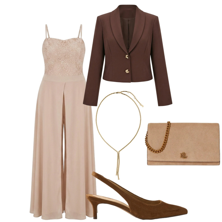 Outfit donna - Total look #2414213. Stile Chic per Cerimonia. Abbinamento con tute, blazer, collane, décolleté, borse a tracolla.