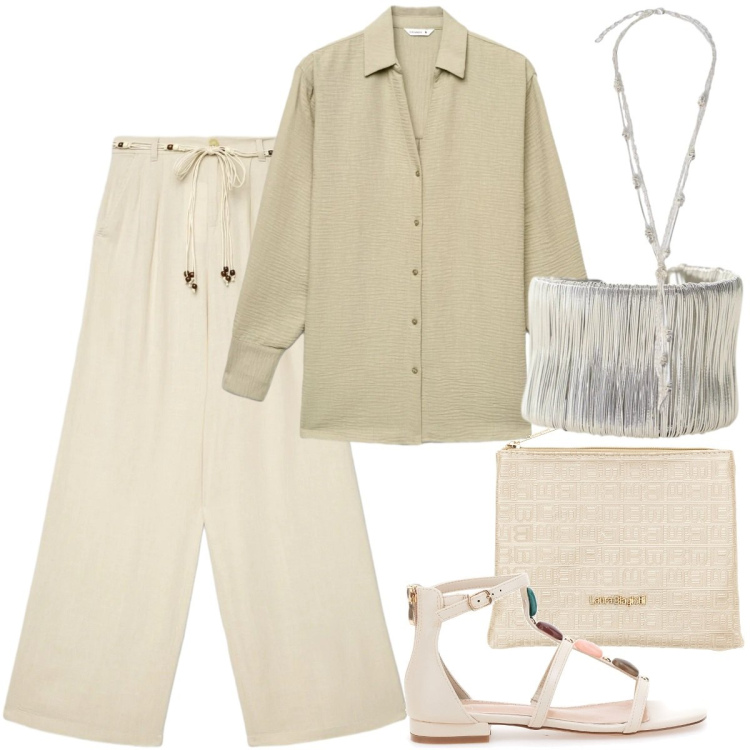 Outfit donna - Lino e leggerezza. Stile Casual chic per Tutti i giorni. Abbinamento con camicie, pantaloni, braccialetti, collane, sandali gioiello, pochette.