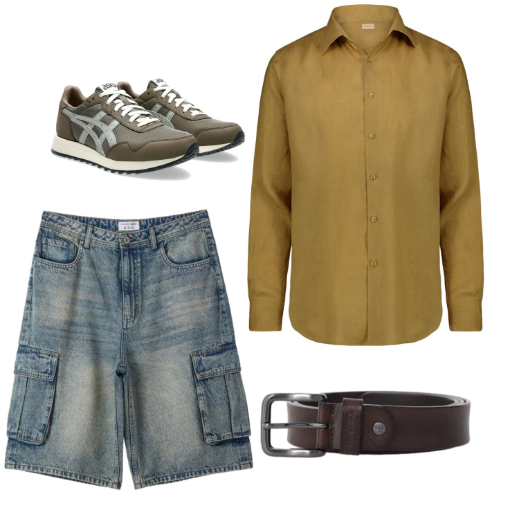 Outfit uomo - Terra e Denim. Stile Urban per Tutti i giorni. Abbinamento con pantaloni corti, cinture, camicie, sneakers.