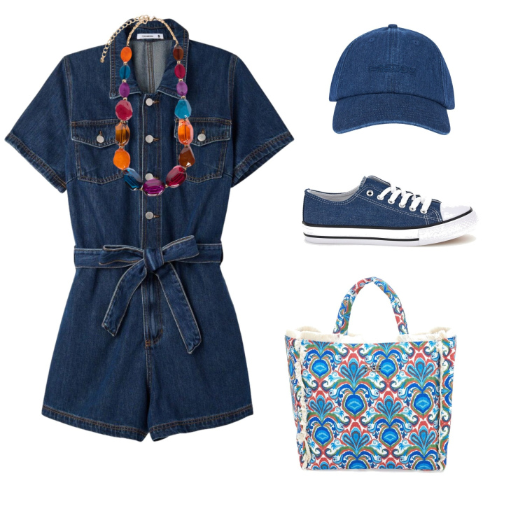 Outfit donna - Summer style denim. Stile Urban per Tutti i giorni. Abbinamento con tuta corta, cappelli con visiera, collane, shopping bag, sneakers.