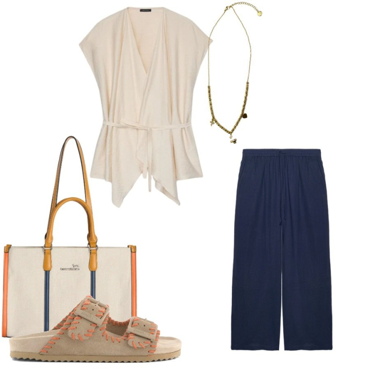 Outfit donna - Total look #2414220. Stile Casual chic per Tutti i giorni. Abbinamento con borse tote, ciondoli, caftani, pantaloni a palazzo, sandali in pelle.