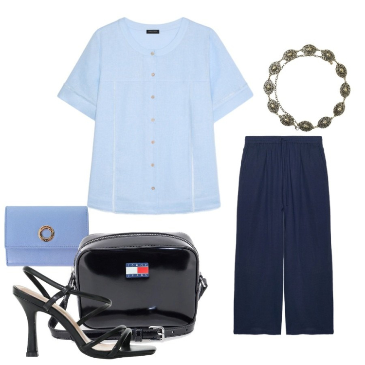 Outfit donna - Total look #2414221. Stile Casual chic per Tutti i giorni. Abbinamento con cinture, portafogli, sandali col tacco, camicie a manica corta, pantaloni a palazzo, borse a tracolla.