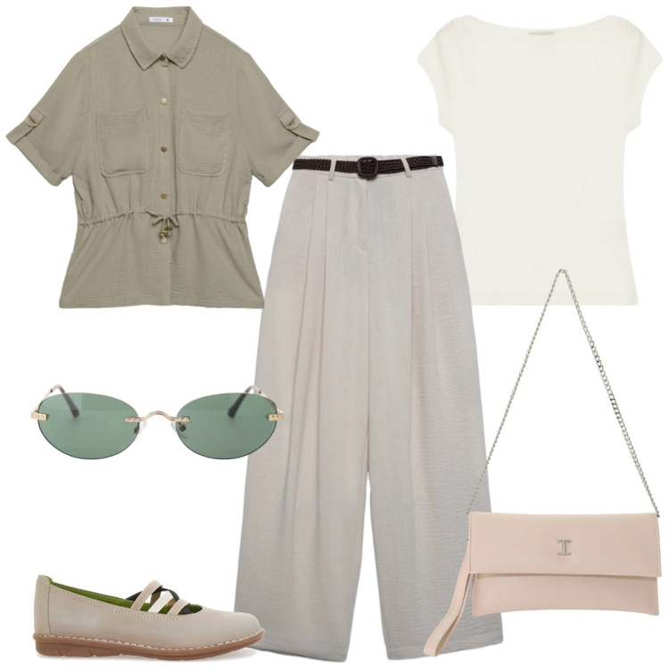 Outfit donna - City Summer Mood. Stile Urban per Tutti i giorni. Abbinamento con camicie a manica corta, pantaloni, borse a tracolla, top, occhiali da sole, ballerine.