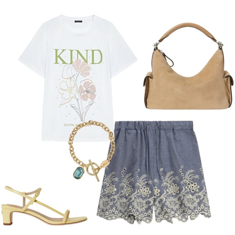 Outfit donna - Total look #2414223. Stile Casual chic per Tutti i giorni. Abbinamento con shorts, t-shirt, sandali in pelle, braccialetti, borse a spalla.