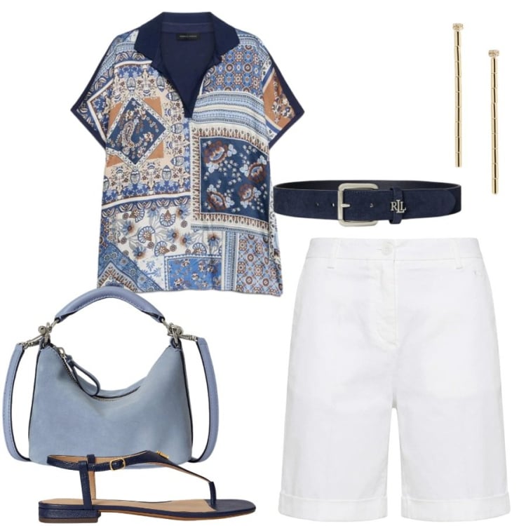 Outfit donna - Total look #2414229. Stile Casual chic per Tutti i giorni. Abbinamento con bermuda, t-shirt, sandali in pelle, borse a spalla, orecchini, cinture.