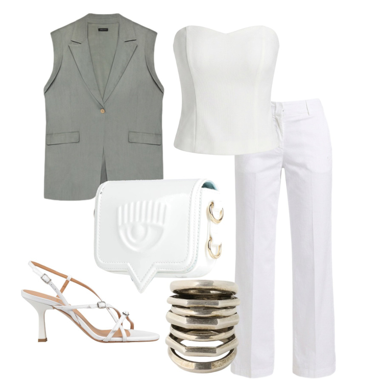 Outfit donna - Giugno. Stile Glamour per Serata fuori. Abbinamento con marsupi, sandali in pelle, top, pantaloni, gilet, anelli.
