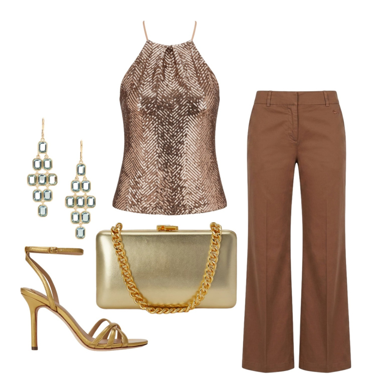 Outfit donna - Giugno. Stile Glamour per Serata fuori. Abbinamento con canottiere, pantaloni, sandali in pelle, clutch, orecchini.
