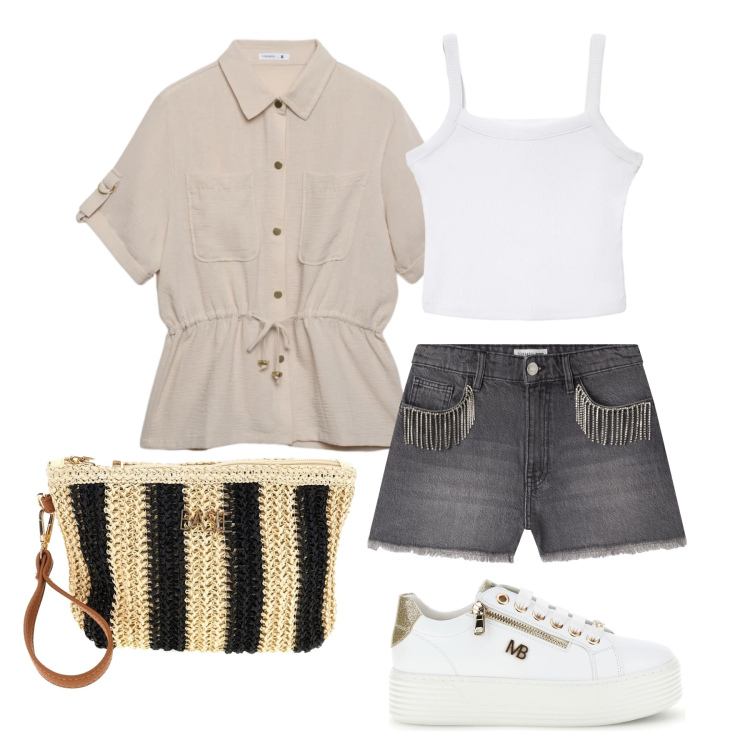 Outfit donna - Giugno. Stile Trendy per Tutti i giorni. Abbinamento con shorts, canottiere, camicie a manica corta, sneakers, pochette.