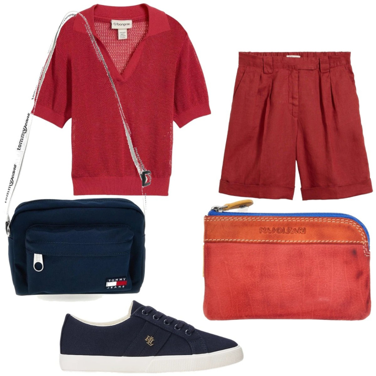 Outfit donna - Ruggine. Stile Casual chic per Tutti i giorni. Abbinamento con polo, bermuda, sneakers, portachiavi, borse a tracolla.