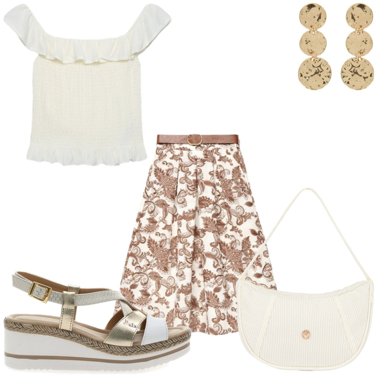 Outfit donna - Gonna lunga con stampa fantasia. Stile Casual chic per Tutti i giorni. Abbinamento con gonne lunghe, top, borse a mano, orecchini, sandali.