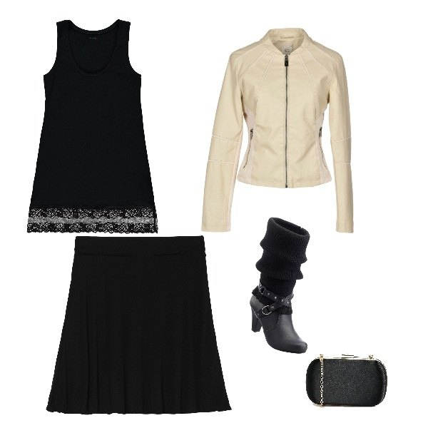 Outfit donna - Rock #715. Stile Rock per Serata fuori. Abbinamento con stivali, giubbotto collo tondo a maniche lunghe con zip interno imbottito in pelle sintetica jersey, canottiera con pizzo nero, gonna a ruota a coste in in maglia nero, pochette.