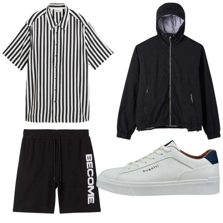 Outfit uomo - Look disinvolto. Stile Trendy per Tutti i giorni. Abbinamento con camicie a manica corta, giacche, bermuda, sneakers.